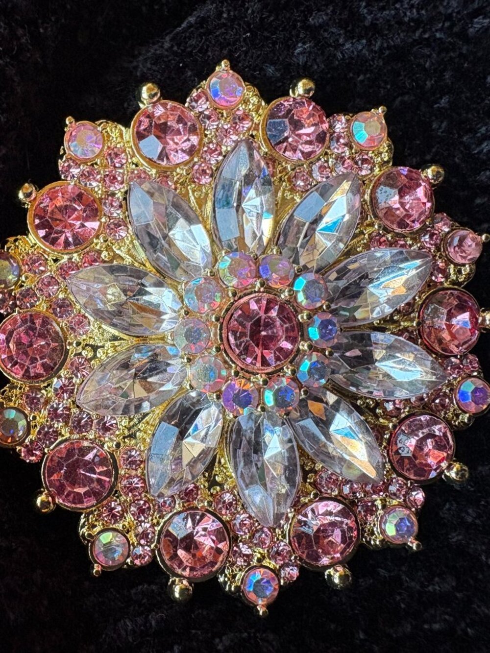 Pink, Clear, Carnival Glass Rhinestone Brooch